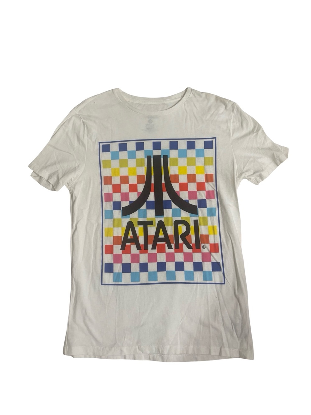Atari White Casual Short Sleeve Graphic Tee Skater Multicolor Checkered Large